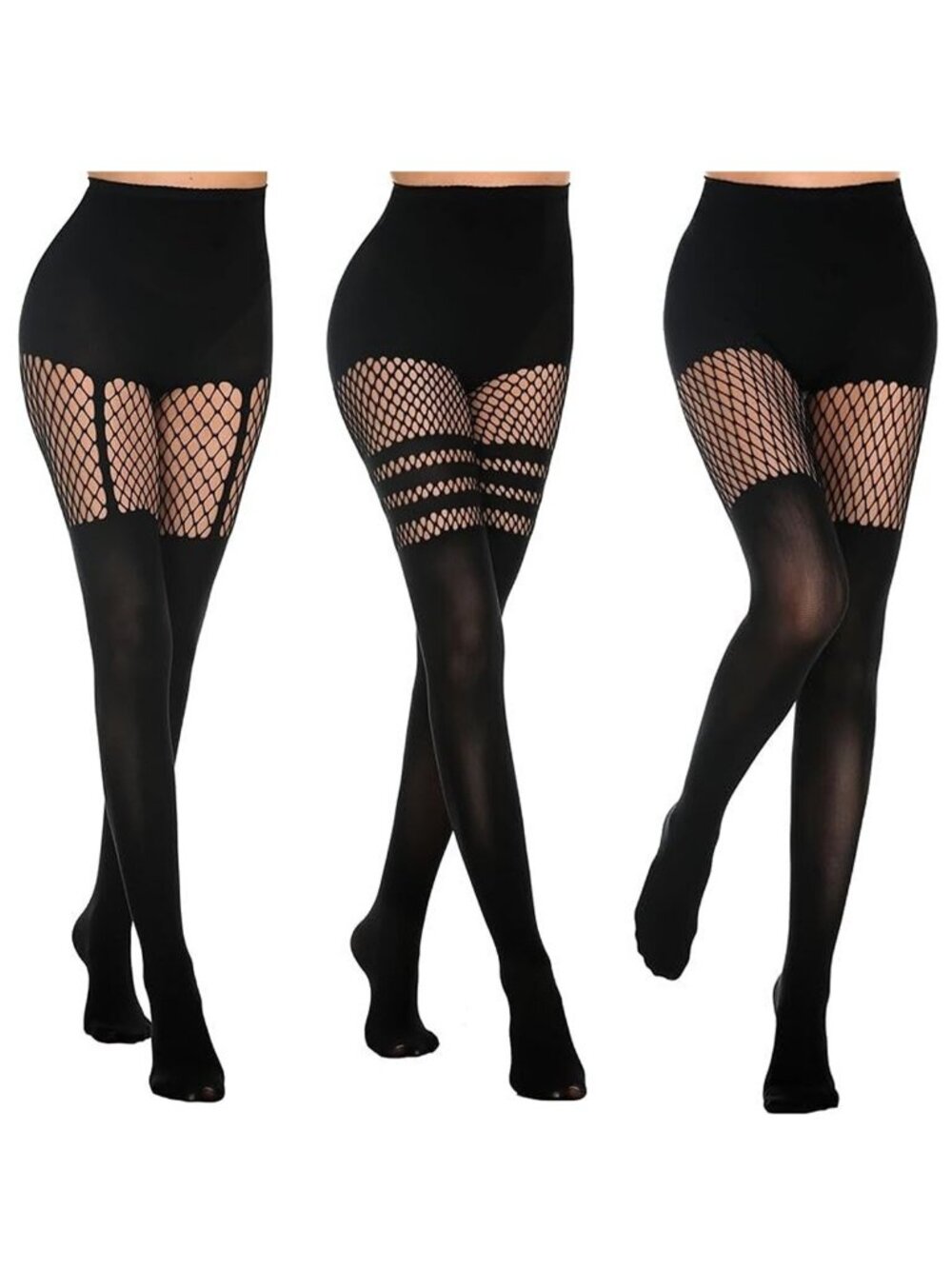 3-Pack Women's Mock Faux Thigh High Suspender Black Fishnet Tights Pantyhose Set